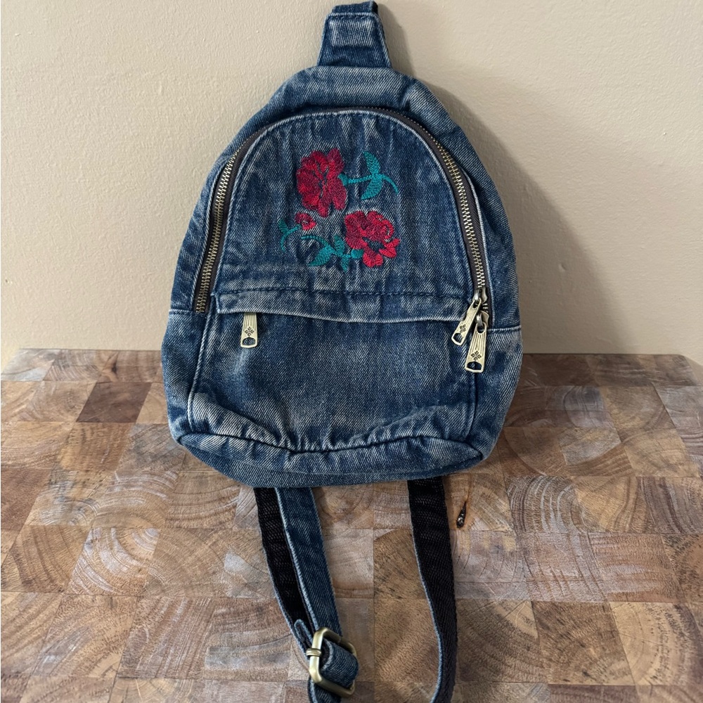Patricia Nash Blue Backpack with Floral Embroidery and Adjustable Straps